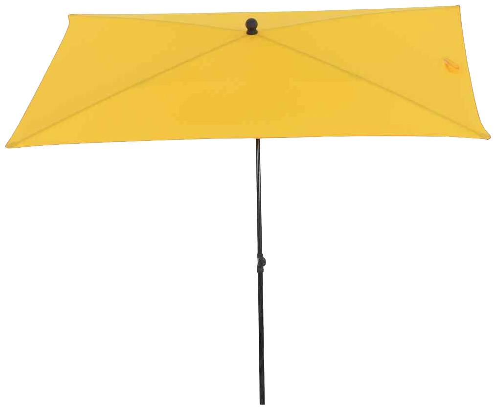 Prostokątny, żółty parasol przeciwsłoneczny z czarną podstawą, rozłożony i stojący pionowo.