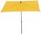 Prostokątny, żółty parasol przeciwsłoneczny z czarną podstawą, rozłożony i stojący pionowo.