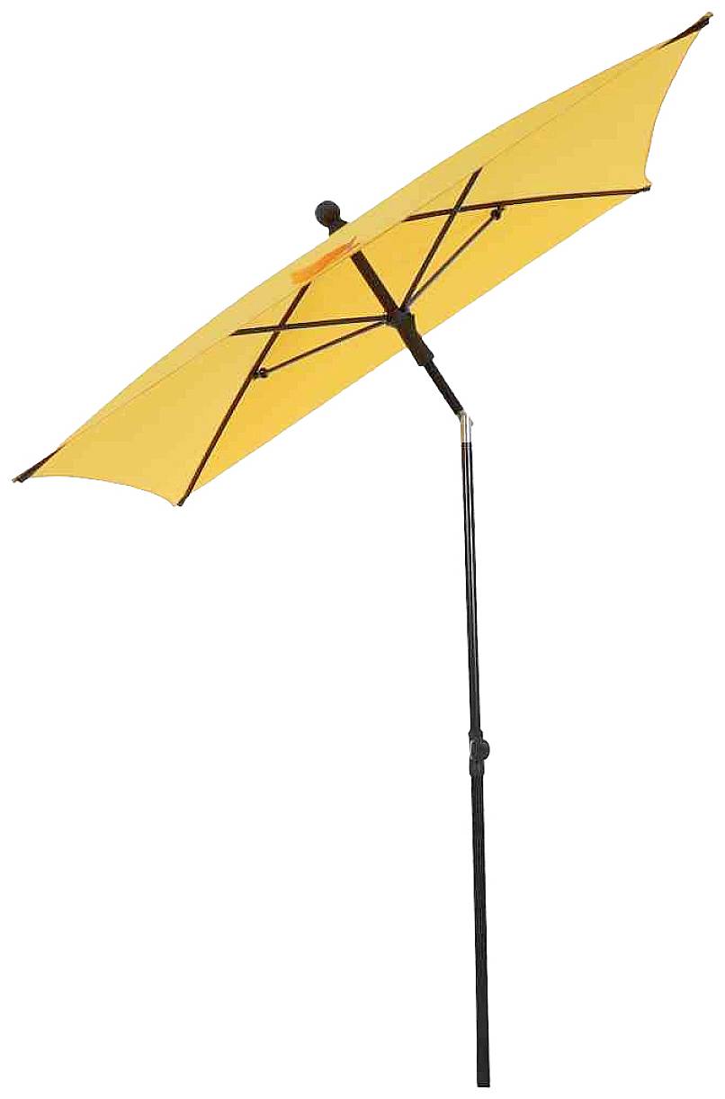 Żółty, regulowany parasol przeciwsłoneczny z czarną ramą, rozłożony. Odpowiedni do ogrodu lub na plaży, zapewnia ochronę przed słońcem.