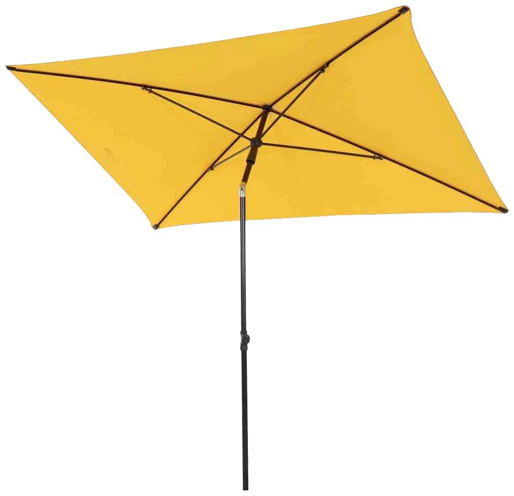 Żółty, prostokątny parasol przeciwsłoneczny z ciemną ramą, rozłożony i przedstawiony z boku.