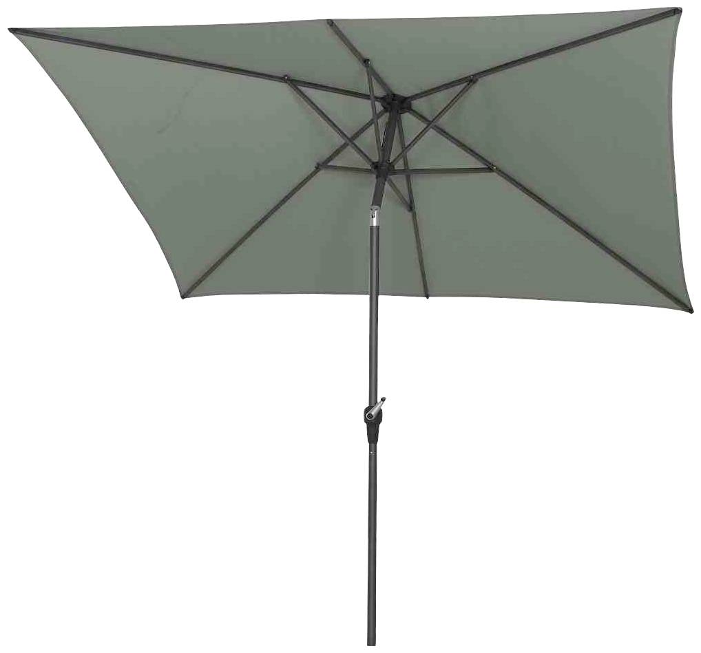 Prostokątny, zielony parasol ogrodowy z czarnym metalowym masztem i regulowanym mechanizmem pochylenia do użytku w ogrodzie.