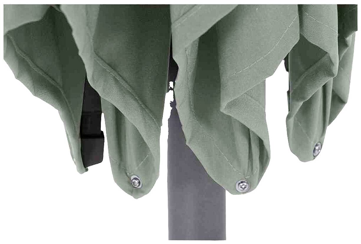 Zbliżenie końcówek tkaniny złożonego zielonego parasola przeciwsłonecznego z widocznymi guzikami na brzegach.