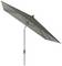 Szary parasol z regulowanym stojakiem, rozłożony i ustawiony pod skosem, idealny do użytku na tarasie lub w ogrodzie.