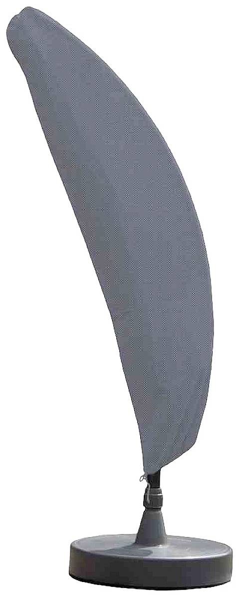 Parasol ogrodowy stojący na okrągłej podstawie, z zamkniętym, ciemnoszarym materiałem, bez widocznego otoczenia lub tła.