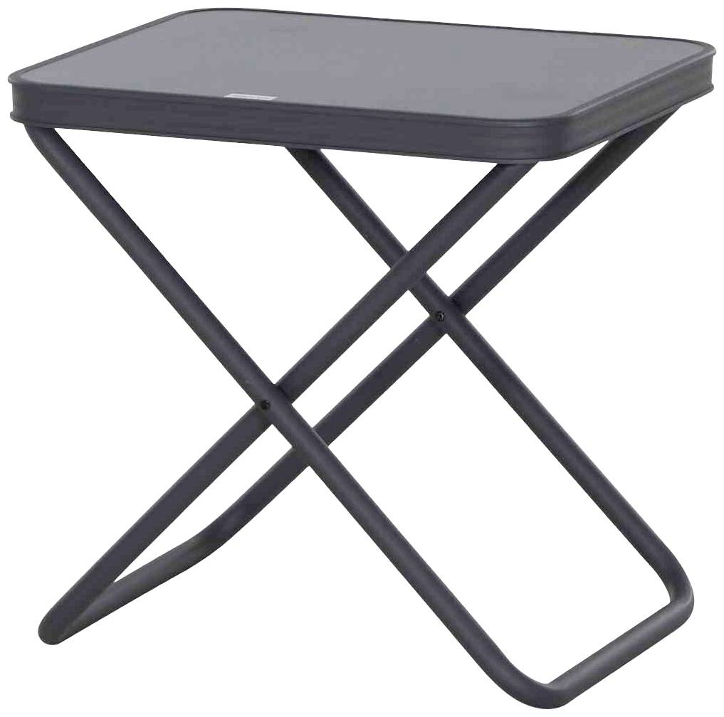 Prosty, czarny stolik składany z prostokątnym blatem i metalowymi nogami; idealny do użytku w podróży lub w małych pomieszczeniach.