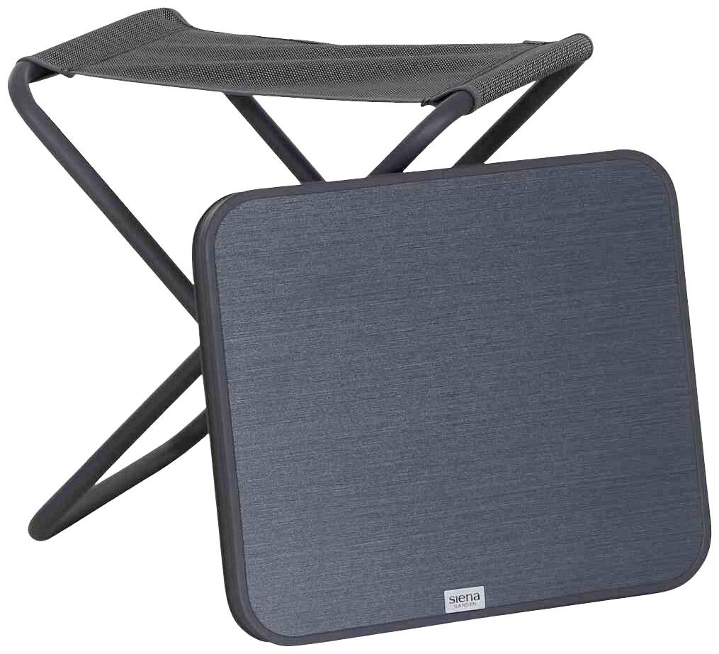 Składany stołek i stół w kolorze czarnym z obiciem tekstylnym, możliwy do złożenia dla łatwego transportu i przechowywania.