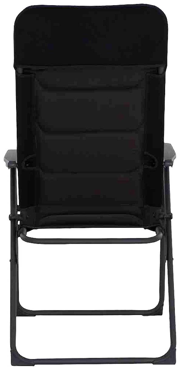 Czarny składany fotel metalowo-tapicerowany, widok z tyłu.