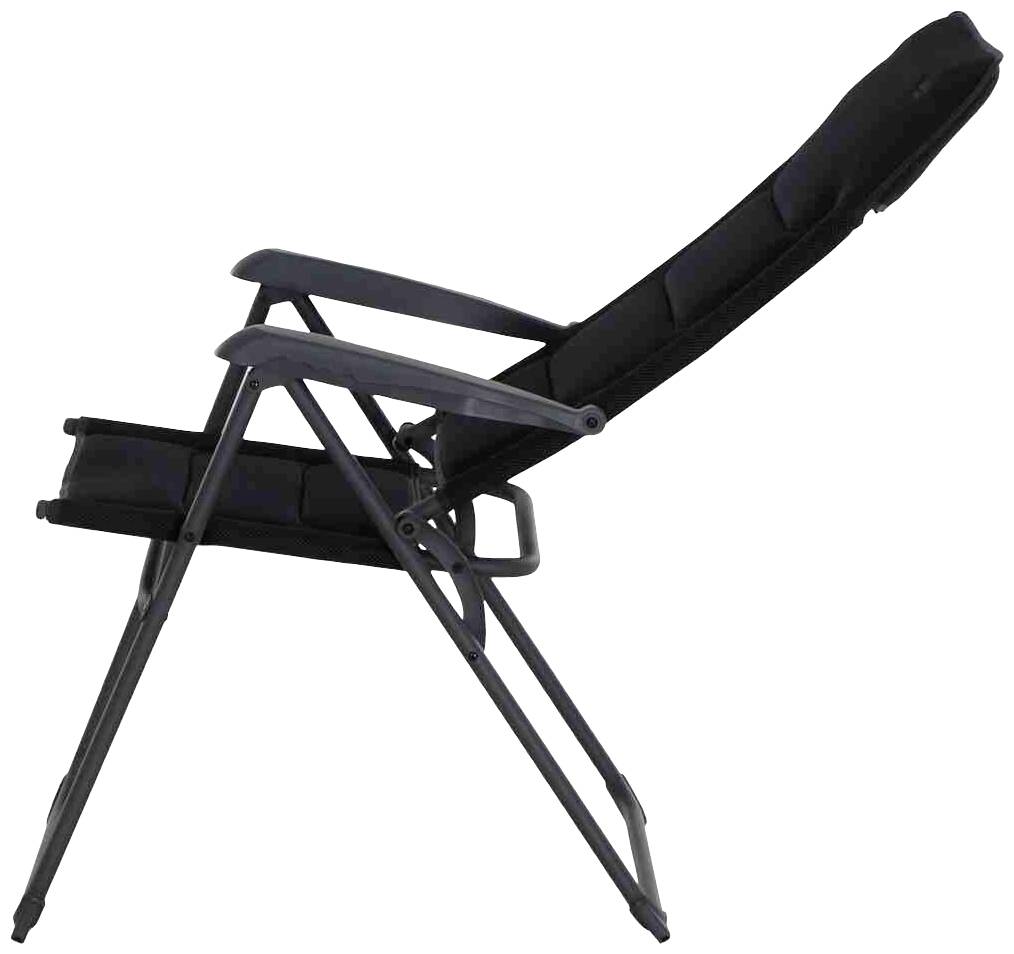 Czarny, składany leżak widziany z boku, lekko pochylony do tyłu.