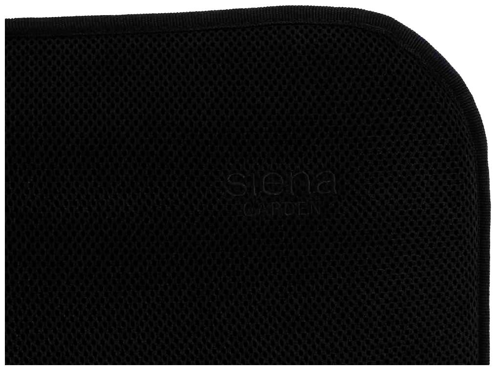 Czarna sieciowa powierzchnia pokrycia lub poduszki w ujęciu zbliżonym. Tekst 'siena garden' wyciśnięty w powierzchni.