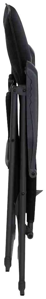 Złożone czarne krzesło w pozycji pionowej, widok z boku. Odpowiednie do łatwego transportu lub przechowywania.