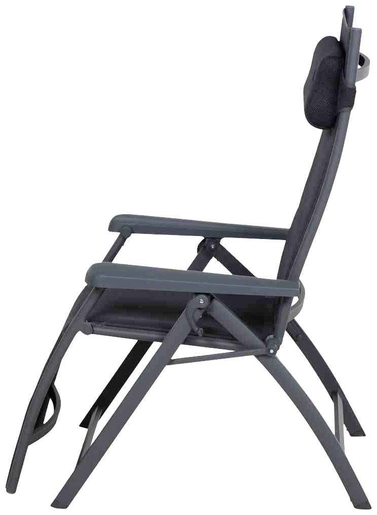 Składany fotel ogrodowy wykonany z ciemnoszarego metalu i tkaniny. Fotel posiada regulowaną podgłówkę zapewniającą dodatkowy komfort.