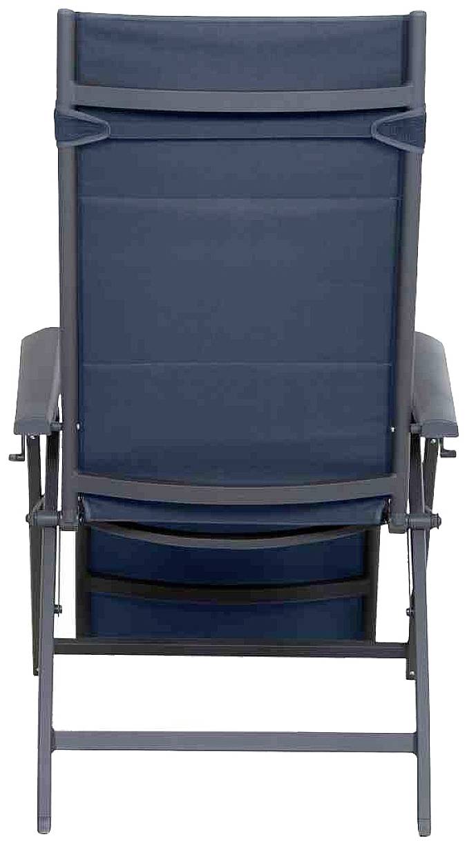 Niebieski, nowoczesny składany fotel z metalową ramą, widziany od tyłu. Idealny do użytku podczas kampingu lub w ogrodzie.