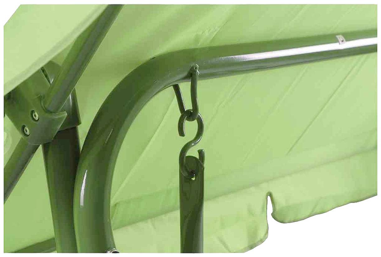 Zielony metalowy stelaż z hakiem, będący częścią większej struktury, prawdopodobnie elementem mebli ogrodowych lub huśtawki.