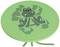 Okrągły, zielony stół z motywem uśmiechniętej żaby na blacie.