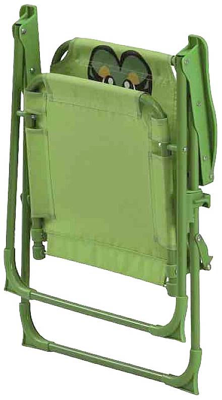 Składany zielony dziecięcy stołek z oparciem, na którym wydrukowana jest twarz, stoi w złożonym stanie.