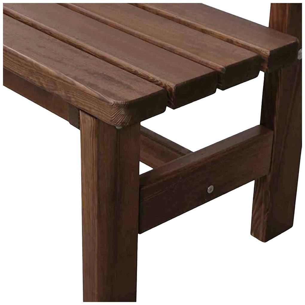 Ławka drewniana z solidnymi deskami i stabilnymi nogami. Odpowiednia do użytku na zewnątrz, np. w ogrodzie lub na tarasie.