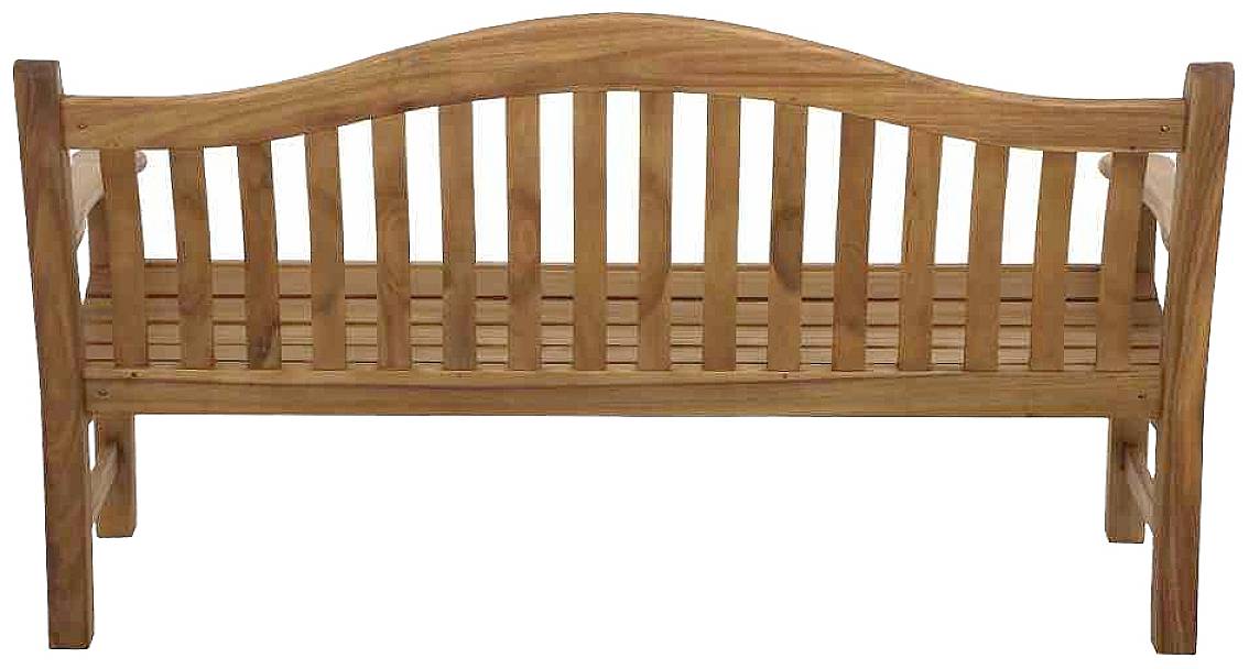 Ławka drewniana z wygiętym oparciem i pionowymi podpórkami, odpowiednia do ogrodu lub wnętrz, wykonana z litego drewna.