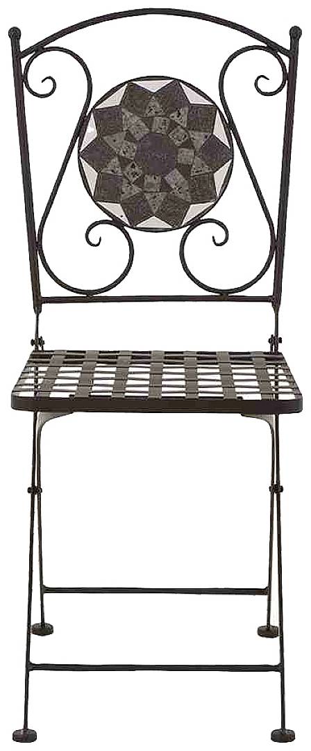 Metalowy fotel z dekoracyjnym oparciem i kwadratowym siedziskiem. Oparcie z okrągłym wzorem mozaikowym, czarno-szary design.