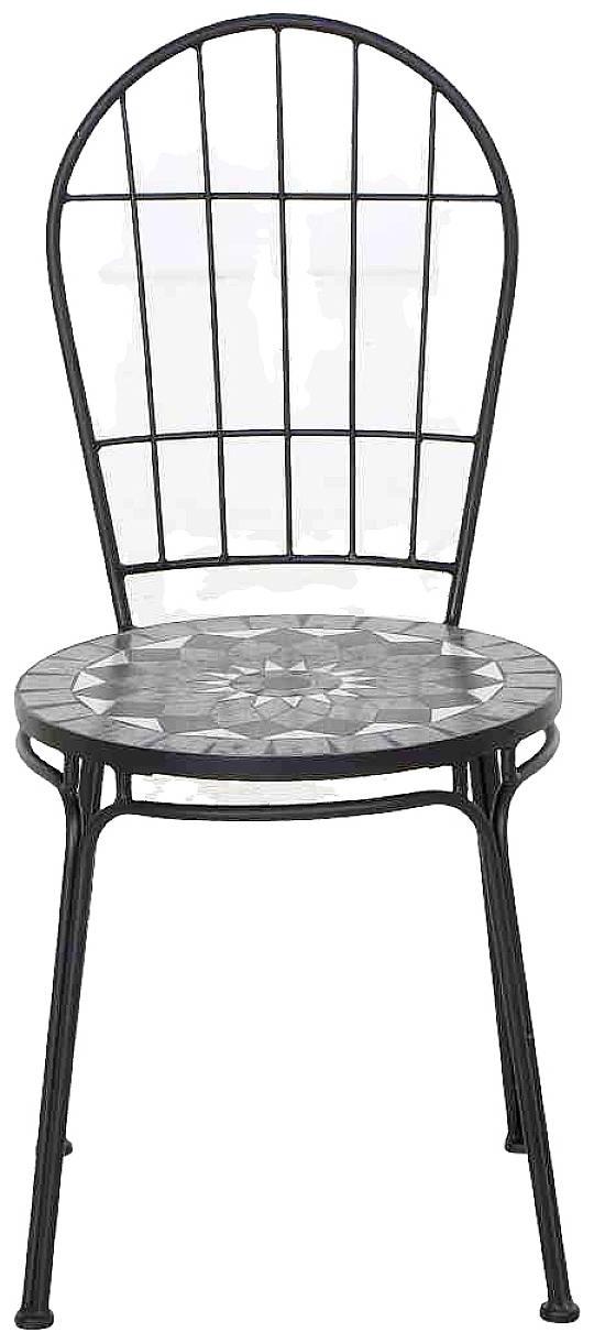 Czarny metalowy stołek z okrągłym siedziskiem zdobionym mozaikowym wzorem oraz kratowatym oparciem.