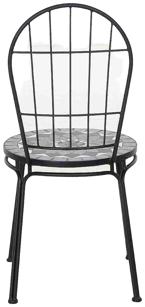 Czarny metalowy stołek z siedziskiem mozaikowym i kratowanym oparciem. Odpowiedni do użytku w ogrodzie lub na tarasie.