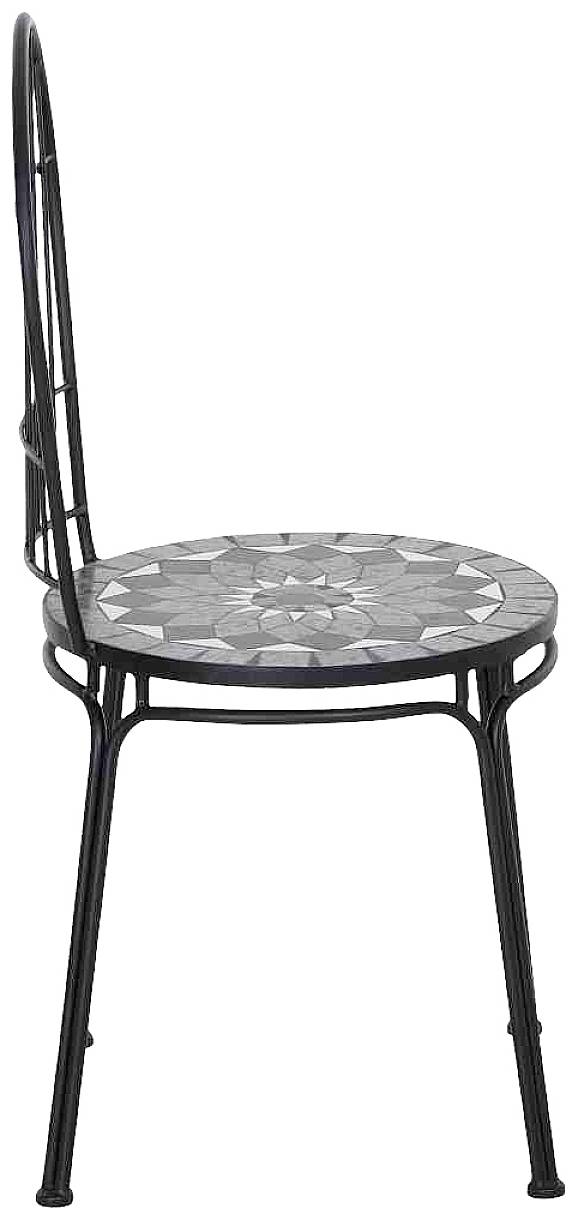 Czarny metalowy stołek z okrągłym siedziskiem, ozdobiony geometrycznym wzorem, odpowiedni do stosowania wewnątrz i na zewnątrz pomieszczeń.