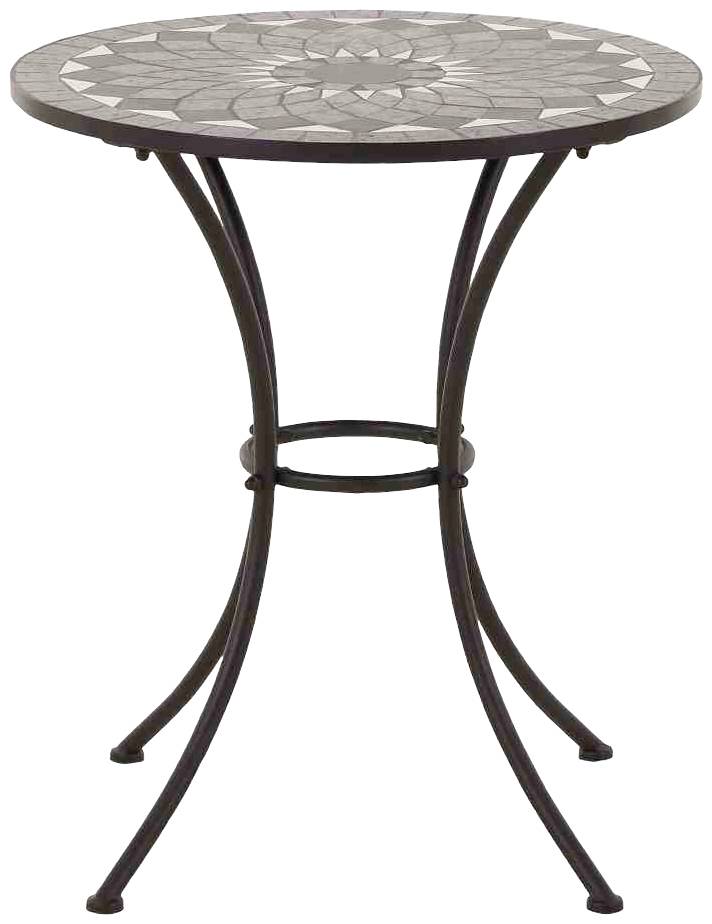 Okrągły, mały stolik z mozaikowym wzorem blatu i smukłymi metalowymi nogami. Idealny do małych przestrzeni na zewnątrz lub balkonów.