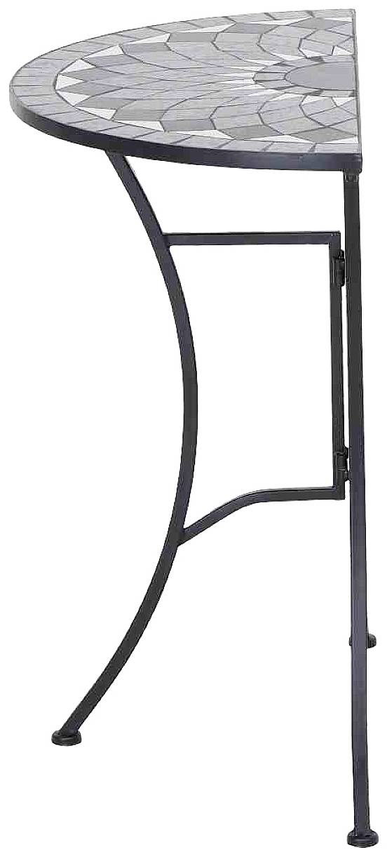 Półokrągły stolik z czarną metalową podstawą i mozaikową powierzchnią, idealny do oszczędzających miejsce kątów lub małych balkonów.
