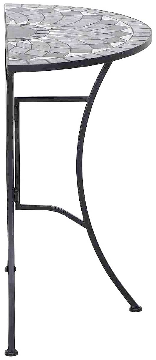 Półokrągły stół z mozaikową powierzchnią i czarną metalową podstawą widziany z boku. Stół posiada trzy nogi.