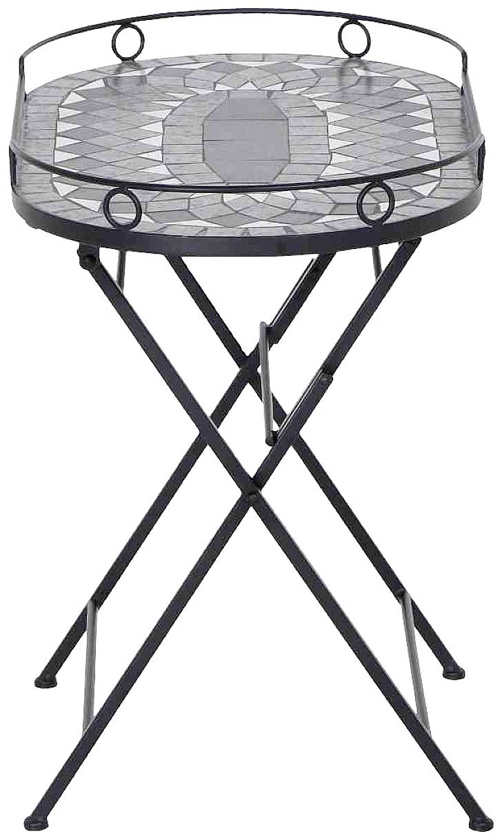 Wysoki, czarny stolik pomocniczy z dekoracyjną płytą mozaikową i metalową podstawą. Idealny do salonu lub na taras.