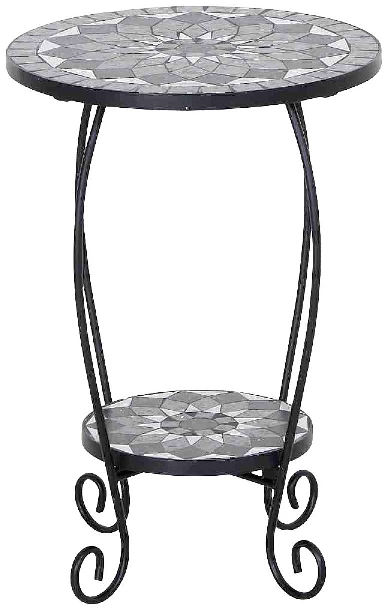 Okrągły stolik mozaikowy z czarną ramą, z dwiema półkami; ozdobiony geometrycznymi wzorami w odcieniach szarości i czerni.