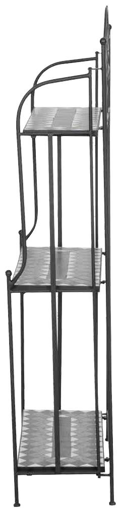 Czarny, wąski regał metalowy z trzema półkami, idealny do oszczędzania miejsca i przechowywania przedmiotów w małych pomieszczeniach.