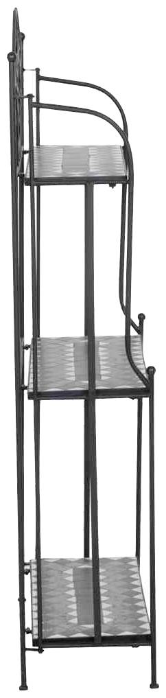 Wąski, wysoki regał metalowy z trzema prostokątnymi półkami, odpowiedni do przechowywania średniej wielkości przedmiotów.