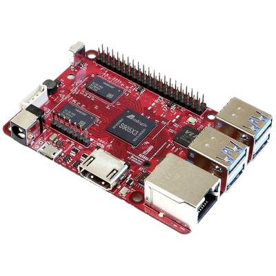 Czerwona jednopłytkowa płyta komputerowa z wieloma portami USB, wyjściem HDMI, portem Ethernet i pinami GPIO, odpowiednia do projektów majsterkowiczów.