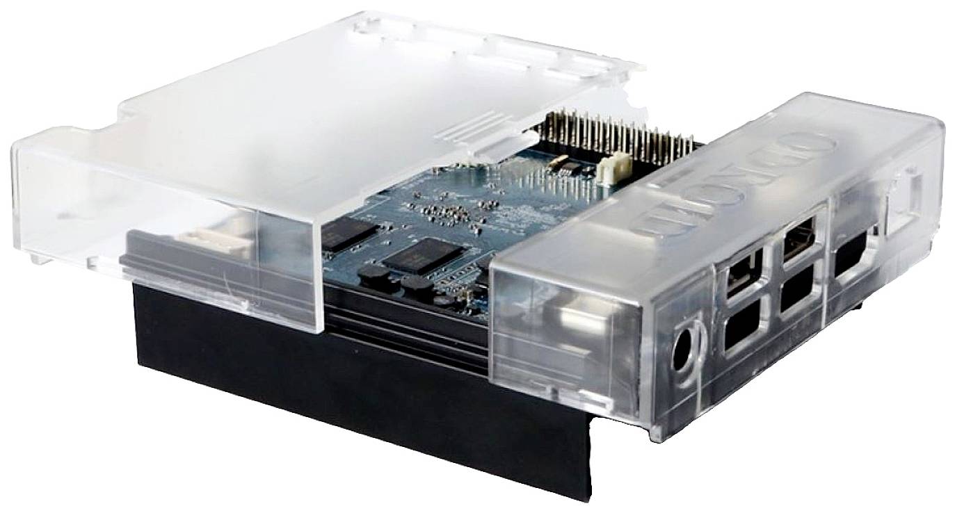 Jednopłytkowy komputer z przezroczystą plastikową obudową. Widoczne są złącza i elementy elektroniczne. Przeznaczony do projektów majsterkowiczów i elektronicznych.