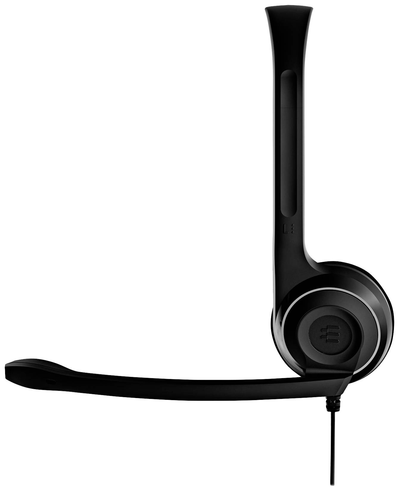 'Patrz na zdjęcie: czarne słuchawki z mikrofonem, widok z boku, podłączone przewodem.'