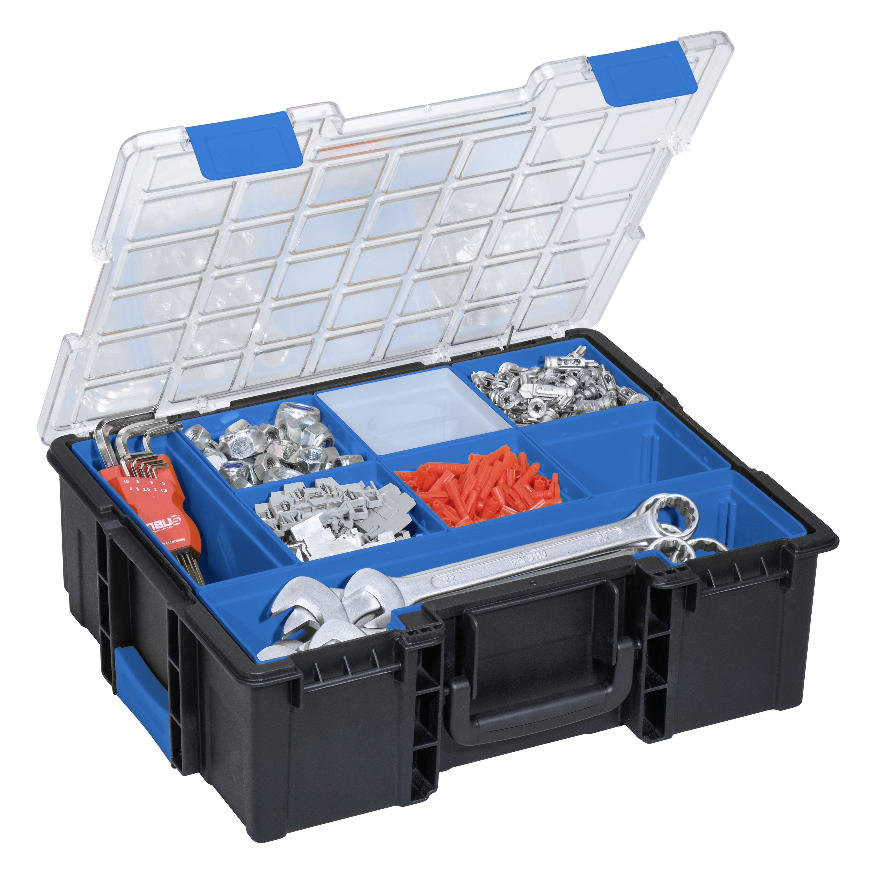 Otwarta czarna skrzynka narzędziowa z niebieską wkładką, wypełniona śrubami, nakrętkami, kluczami nasadowymi i kluczami płaskimi.