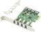 Rysunek przedstawia kartę PCIe z czterema portami USB i elementami elektronicznymi, zaprojektowaną do zainstalowania w komputerze PC.