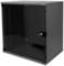 Czarna, ścienna szafka rack z drzwiczkami szklanymi i zamkiem, odpowiednia do urządzeń sieciowych.