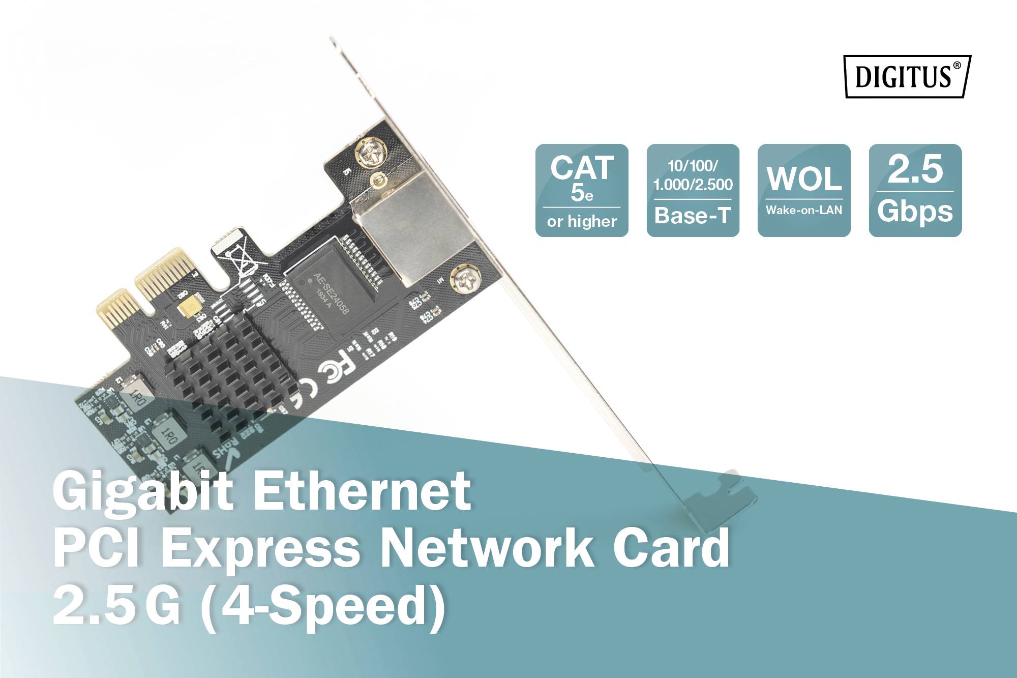 Karta sieciowa Ethernet Gigabit PCI Express 2,5 G (4-prędkościowa), kompatybilna z CAT 5e lub wyższą, 10/100/2.500 Base-T, WOL, 2,5 Gbps.
