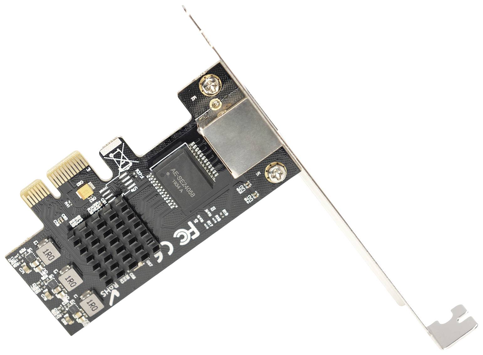 Karta sieciowa PCIe przeznaczona do instalacji w komputerze przedstawia układy scalone i złącza na płytce drukowanej.