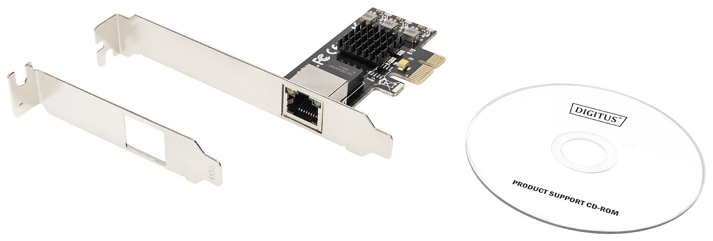 Karta sieciowa PCIe z radiatorem i portem Ethernet, obok dwie metalowe zaślepki i płyta CD z oprogramowaniem z napisem 'Digitus'.