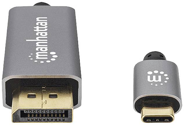 Adapter HDMI z logo 'manhattan', składający się z wtyczki HDMI i wtyczki USB-C, służy do podłączania urządzeń.