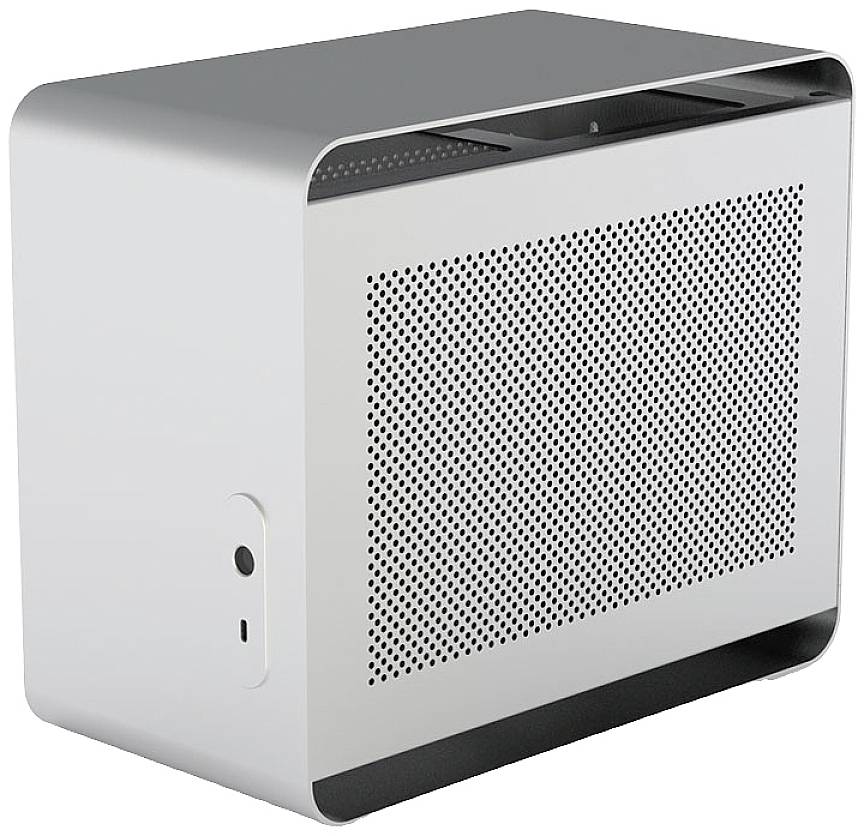 Srebrne, kompaktowe obudowa komputerowa z perforowanymi bokami dla wentylacji. Minimalistyczny design z zaokrąglonymi krawędziami.