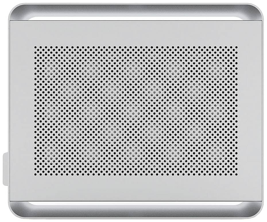 Srebrny, prostokątny komputer z perforowaną powierzchnią odprowadzającą ciepło. Nowoczesna technologia, minimalistyczny design.