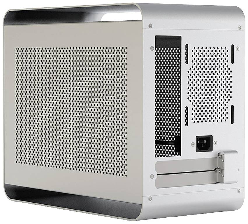 Srebrzyste metalowe obudowa komputera z otworami wentylacyjnymi i złączami z tyłu.