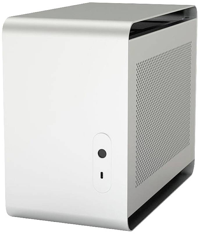 Srebrna, prostopadłościenna obudowa komputera z kratką wentylacyjną z boku i portem USB z przodu.
