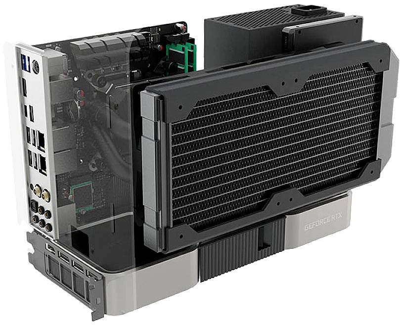 Otwarty komputer z widocznymi komponentami, takimi jak płyta główna, karta graficzna i wentylatory. Główny nacisk położony jest na system chłodzenia.