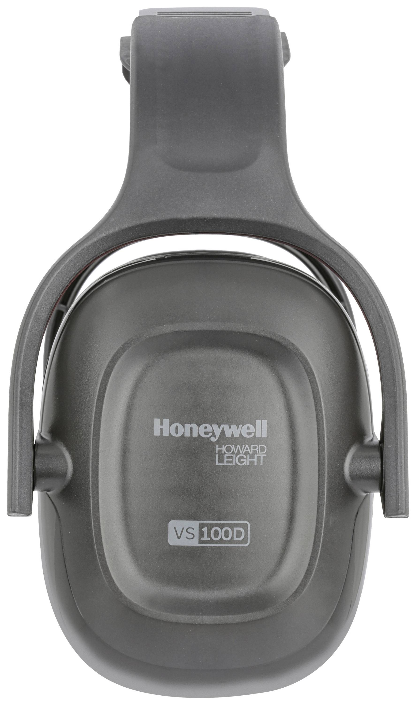 Słuchawki ochronne Honeywell, model VS 100D, w ciemnym kolorze, sfotografowane z przodu. Zapewniają ochronę słuchu i wydają się solidnie wykonane.