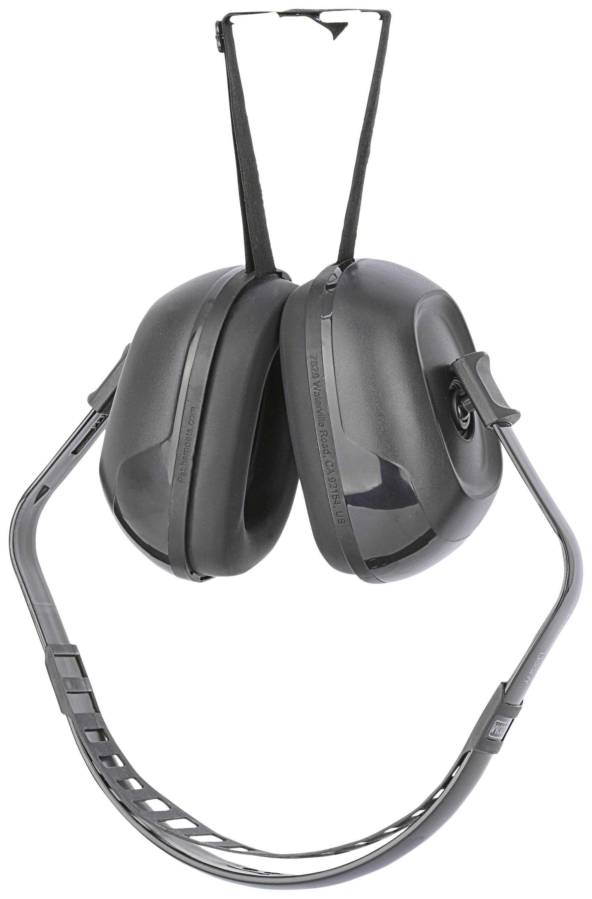 Ochronniki słuchu w kolorze czarnym z pałąkiem, używane do ochrony przed głośnymi dźwiękami, ergonomicznie ukształtowane i regulowane.