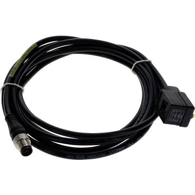 Czarny, skręcony przewód elektryczny z złączkami na obu końcach, jeden koniec wyposażony w czarną wtyczkę z diagramem ilustrującym punkty podłączenia.